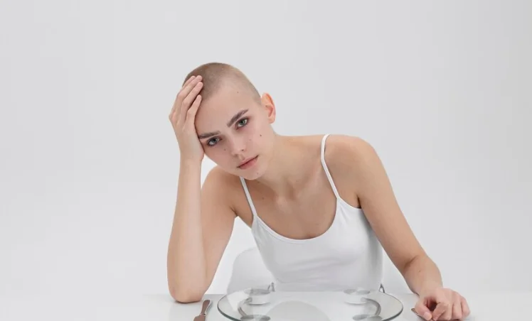 девушка с анорексией сидит за столом